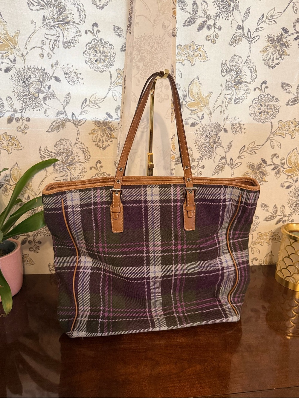 Coach Wool Plaid Tote in Purple with Brown Leather Trim
